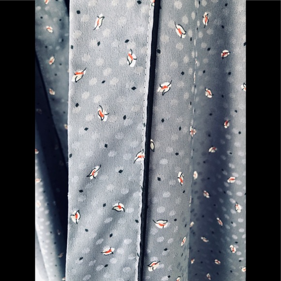 Kimono style silky mini print robe. slate gray Black piping trim OS - Picture 6 of 15